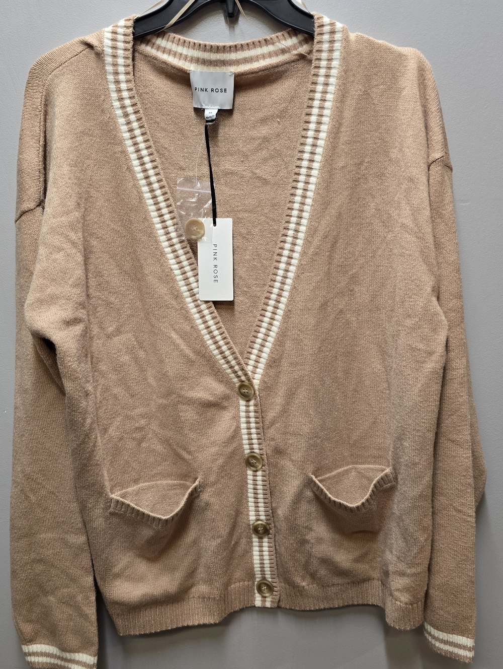 Pink Rose Womens XL Tan Button Knit Cardigan Sweater NWT Pockets Preppy School